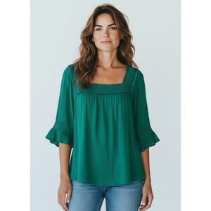 Maurices Square Neck Crochet Trim Bell Sleeve Blouse Top Blue Green Size Small